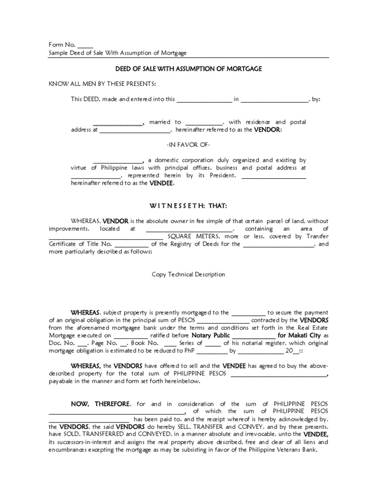 Deed Odeed of Sale With Assumption of Mortgage (Landf Sale With Assumption of Mortgage (Land
