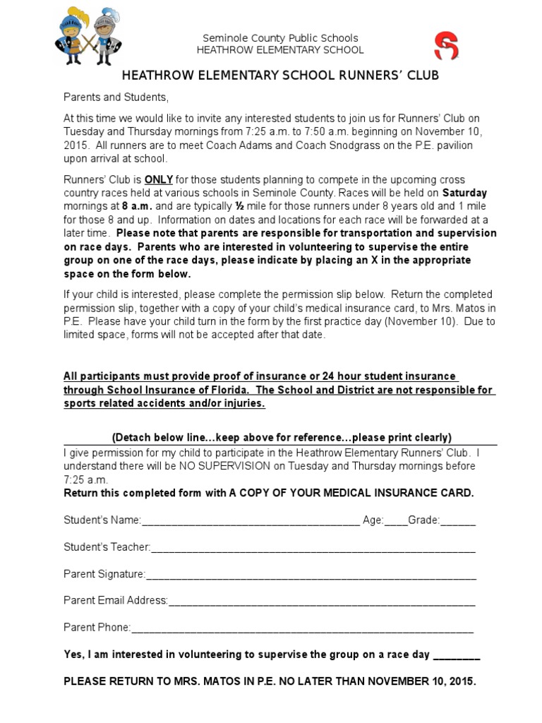 Heathrow Elementary Runners' Club Signup | PDF | Career & Growth
