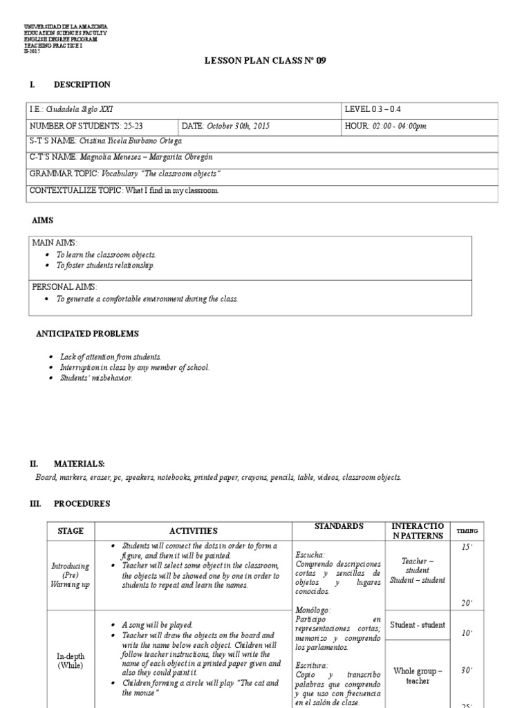 Classroom Objects Lesson Plan | PDF | Classroom | Lesson Plan