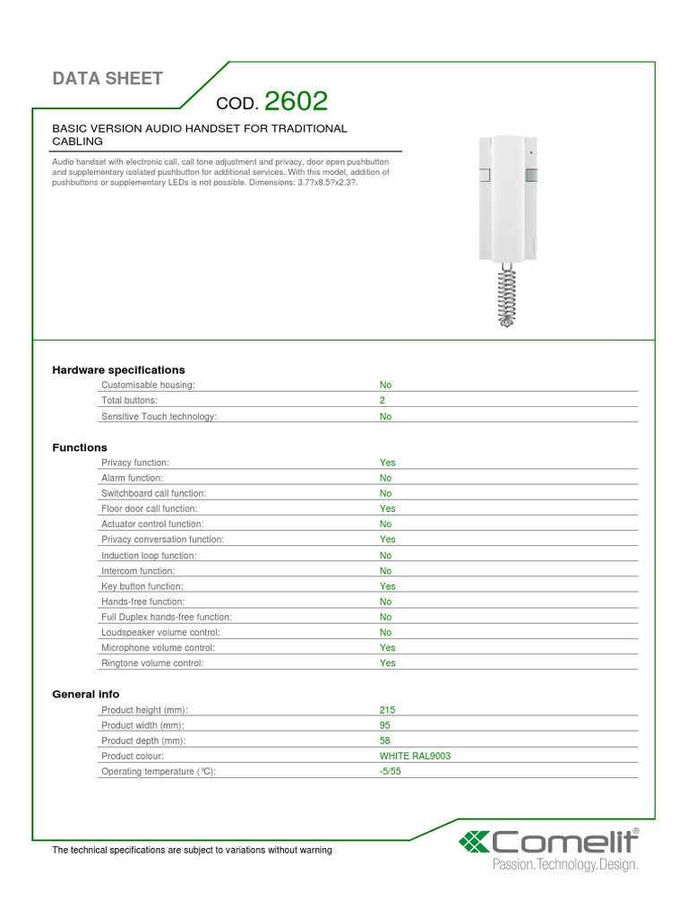 Comelit 2602 Data Sheet | PDF | Electronics | Electrical Engineering