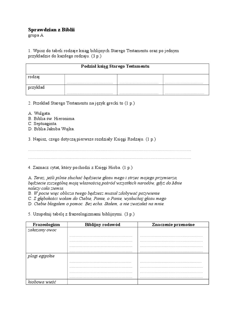Biblia Test Klasa 1 Liceum