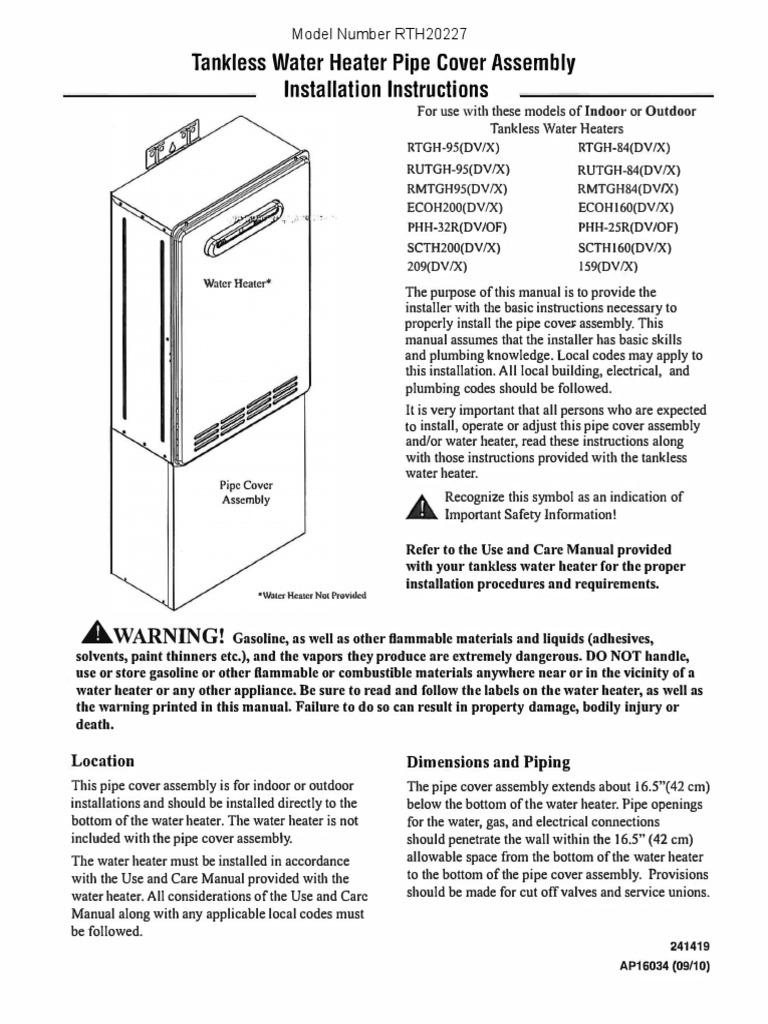 Rheem Pipe Cover Assembly RTG20227 PDF Water Heating Hvac
