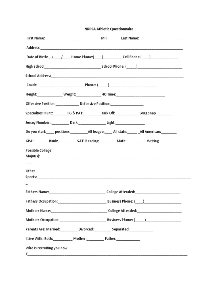 NRPSA Athletic Questionnaire Form | PDF