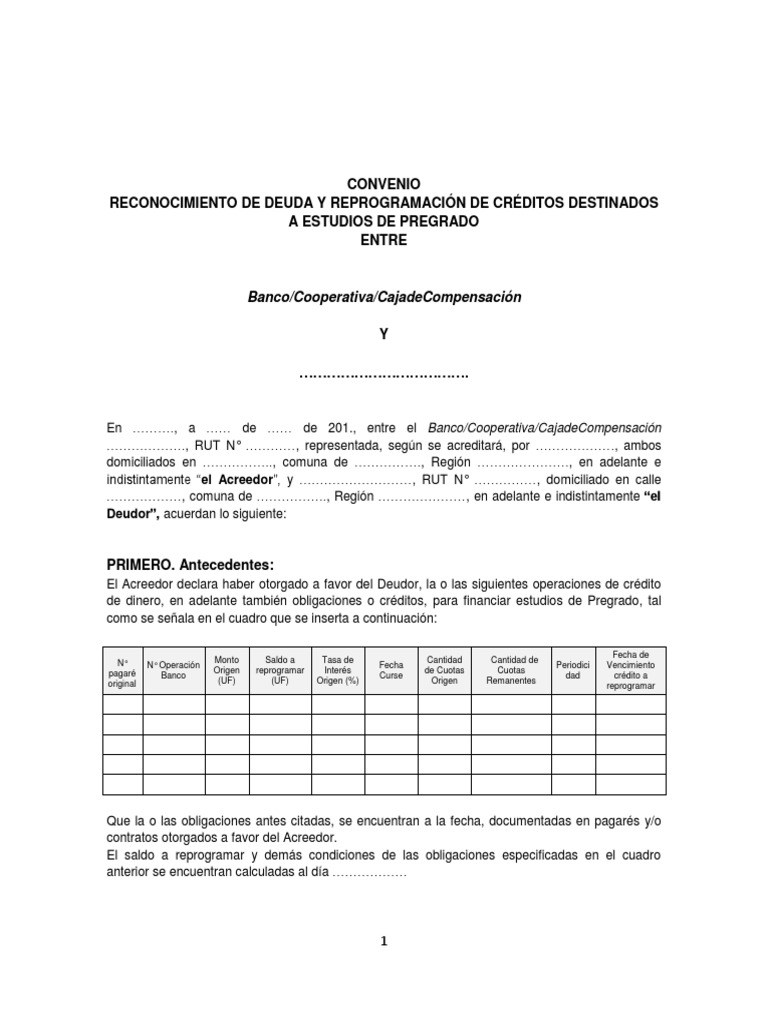 Convenio Reconocimiento De Deuda Y Reprogramación De