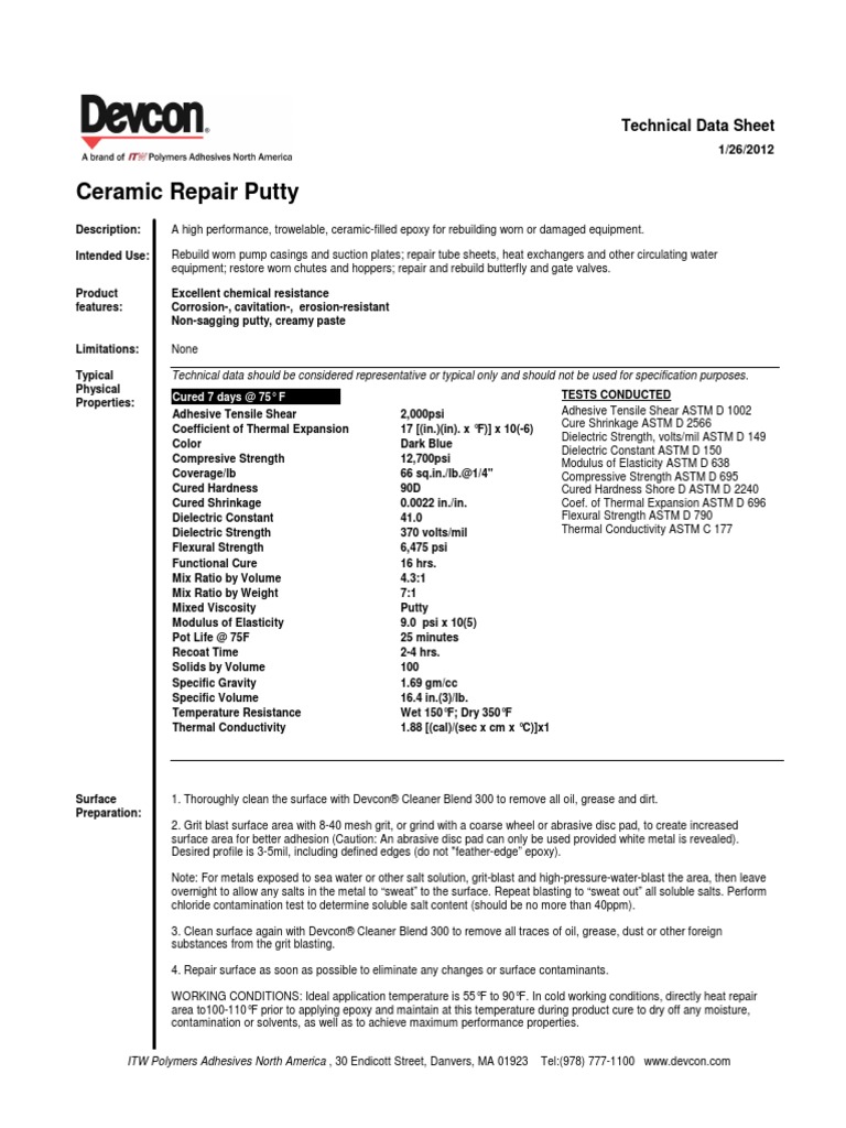 Ceramic Repair Putty Technical Data Sheet PDF Epoxy Ceramics