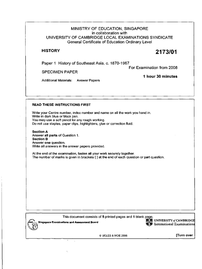 Read These Instructions First Singapore Examinations and Assessment Board PDF North Vietnam