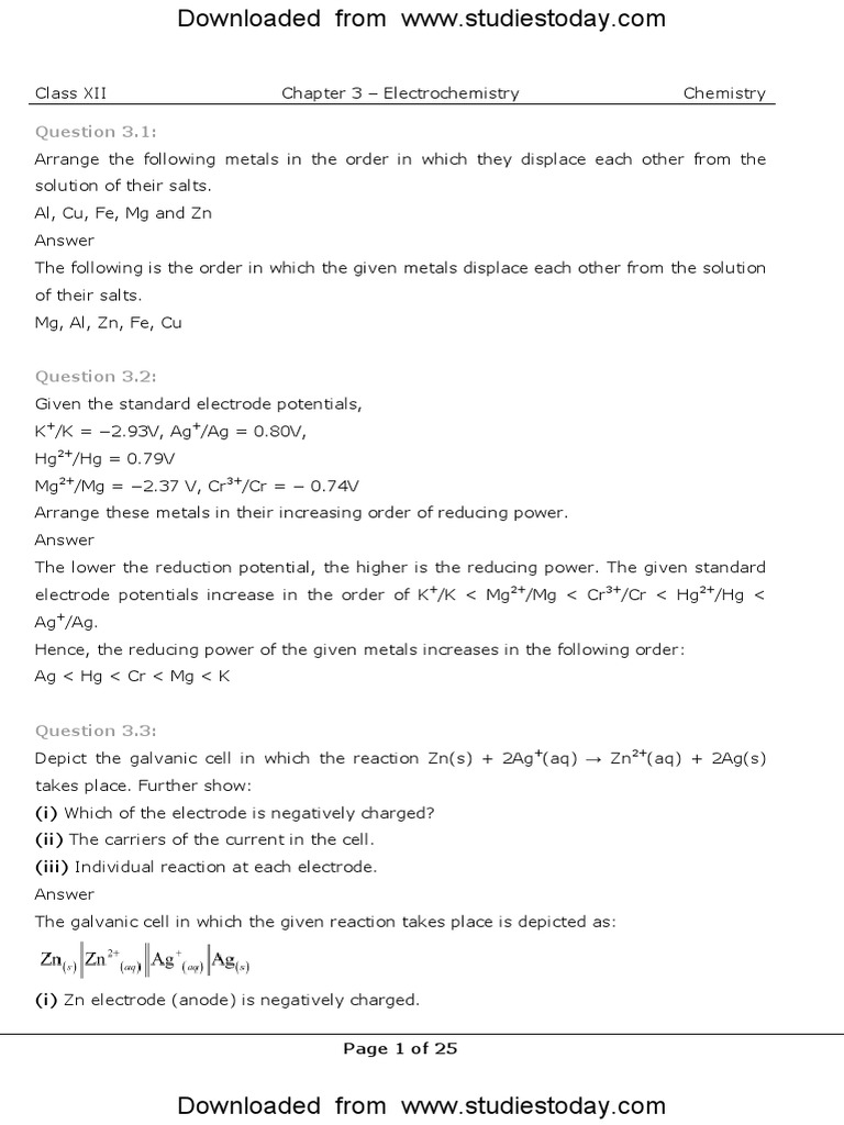 NCERT Class 12 Chemistry Solutions Electrochemistry Electrochemistry