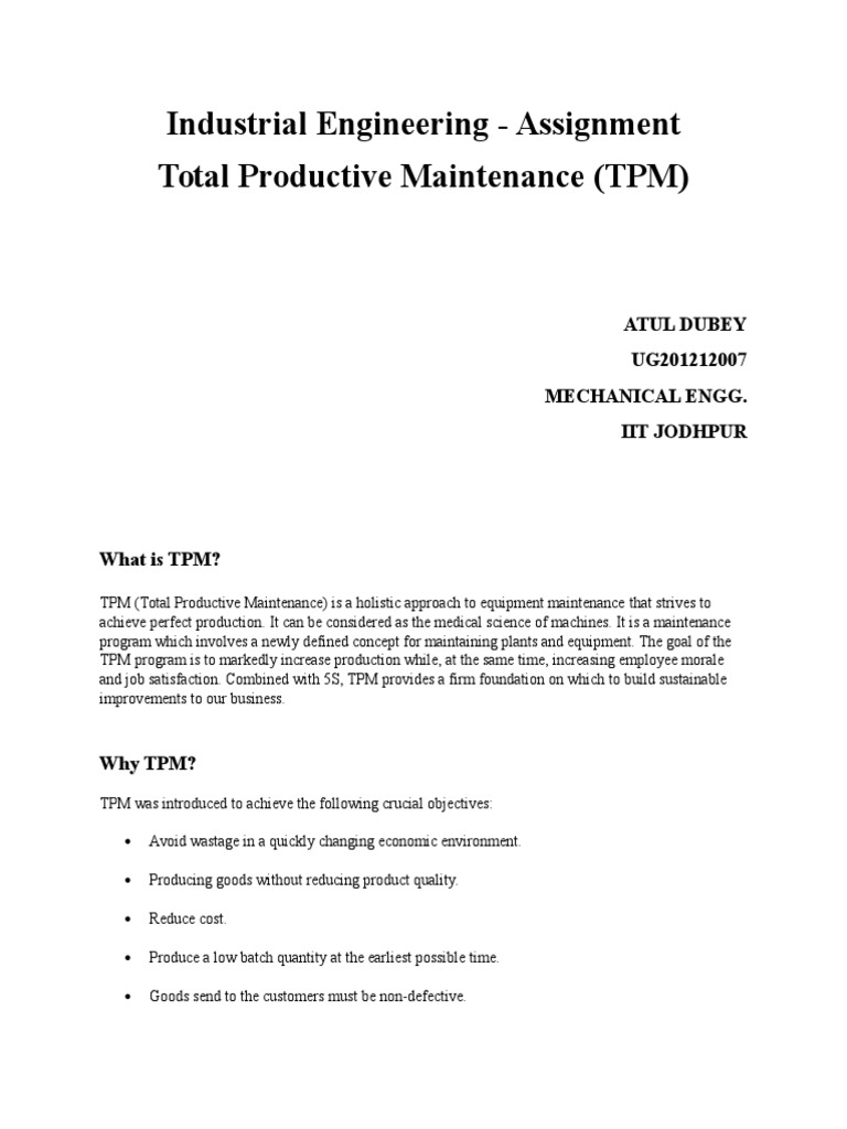 Industrial Engineering - Assignment Total Productive Maintenance (TPM ...
