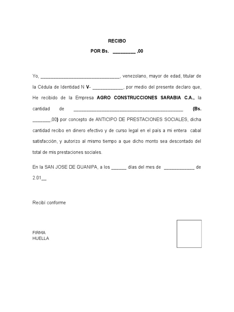 Ejemplo Recibo De Pago FORMATO RECIBO ADELANTO PRESTACIONES Agroconsaca | PDF