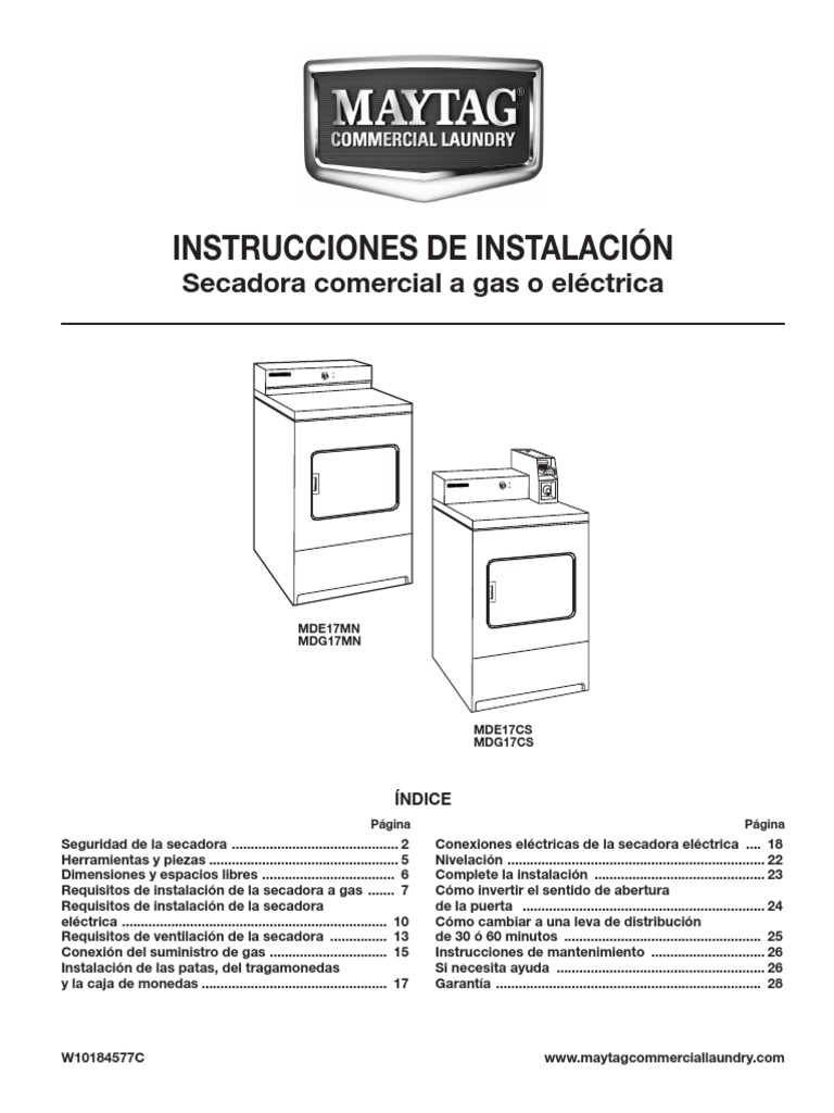 MAYTAG Secadora Comercial A Gas o Eléctrica PDF Tornillo Máquinas