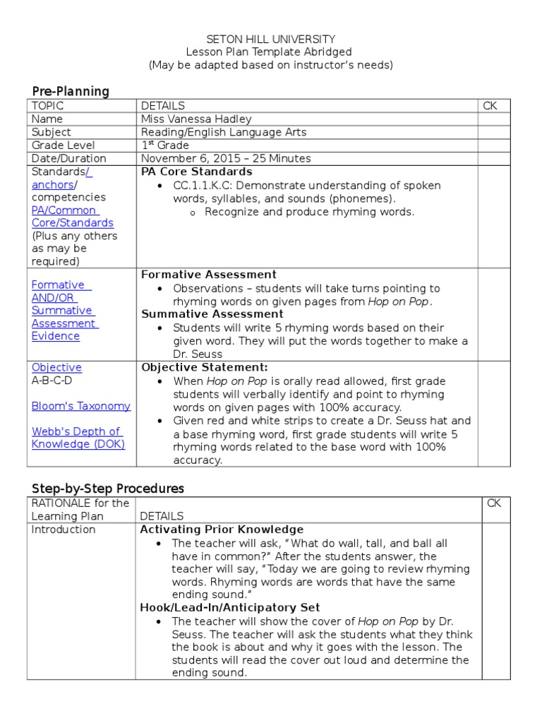 Rhyming Words Lesson Plans | Pdf | Homework | Applied Psychology