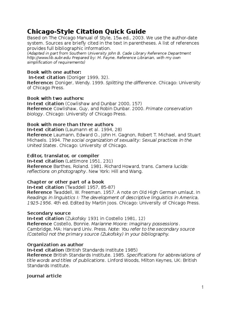 Chicago Style Citation Quick Guide | PDF | Citation | Reference