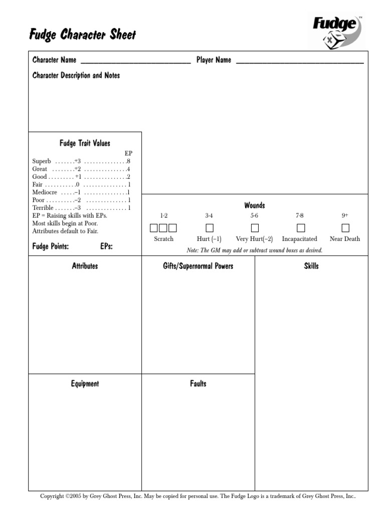 Fudge Character Sheet PDF