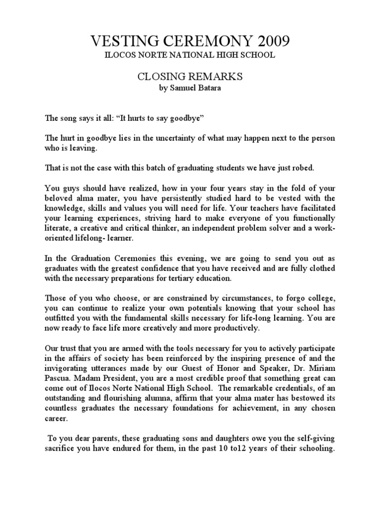Closing Remarks Vesting Ceremony 2009 By Samuel Batara Pdf Lifelong Learning Learning