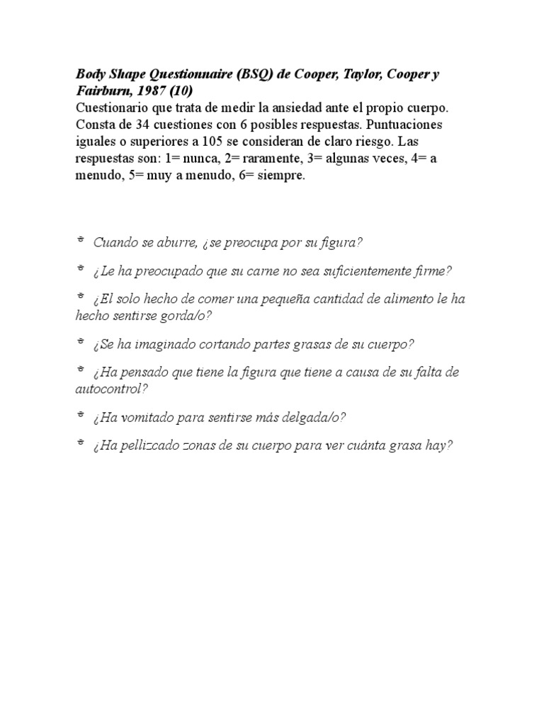 Cuestionario de Forma Corporal (BSQ) | PDF | Relaciones personales ...