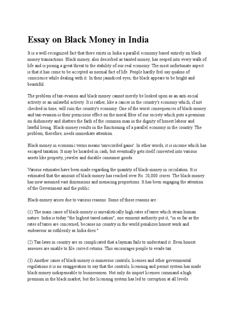Essay On Black Money in India PDF Black Market Tax Evasion