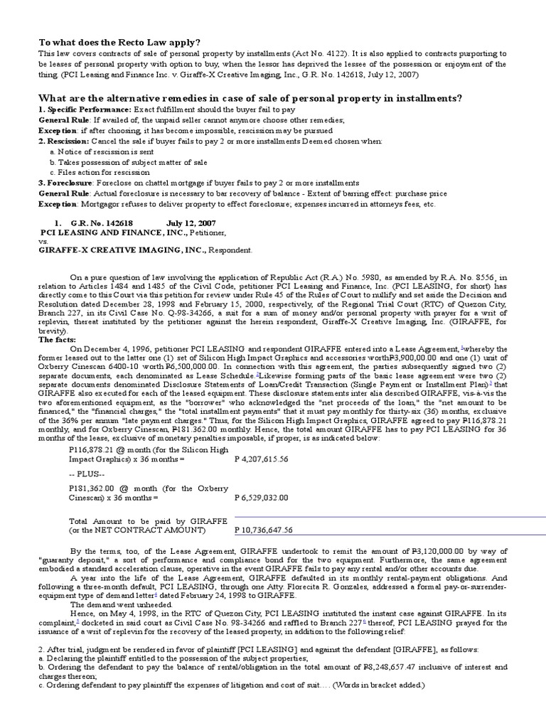 Recto Law and Personal Property Sales | PDF | Lease | Foreclosure