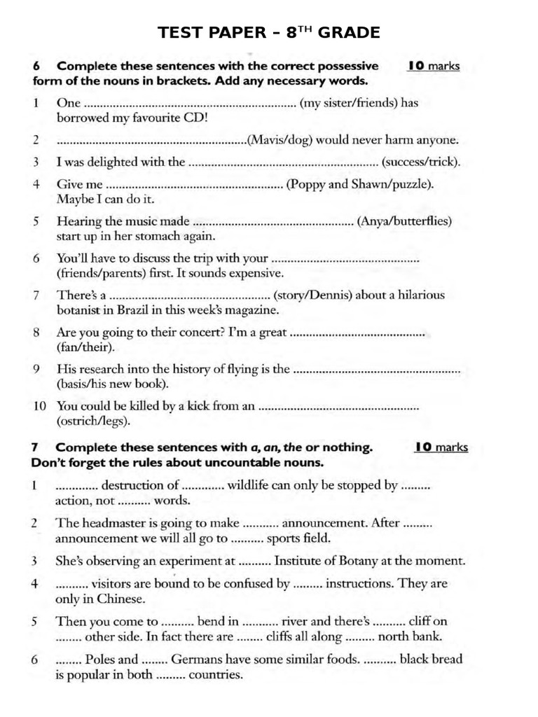 Test Paper 8th Grade | PDF