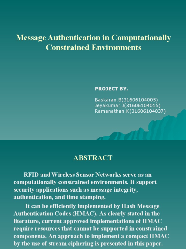 Message Authentication in Computationally Constrained Environment | PDF ...