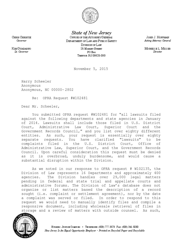 NJ OPRA Denial Letter PDF Lawsuit Justice