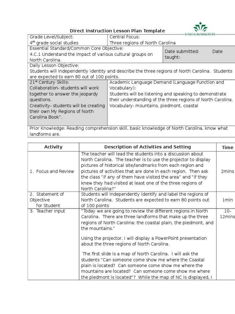 Direct instruction lesson plan template pdf north carolina lesson