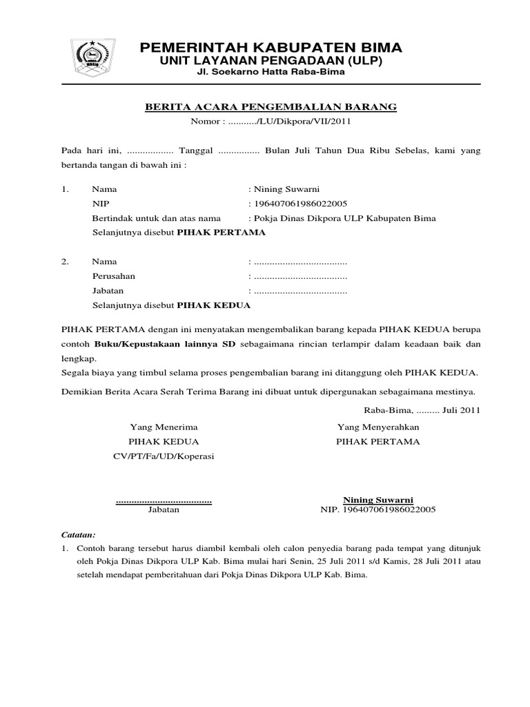 Contoh Berita Acara Pengembalian