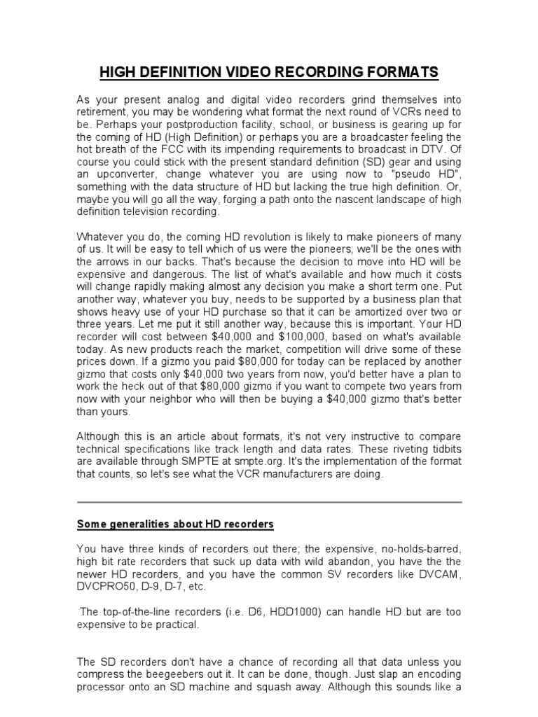 High Definition Video Recording Formats PDF