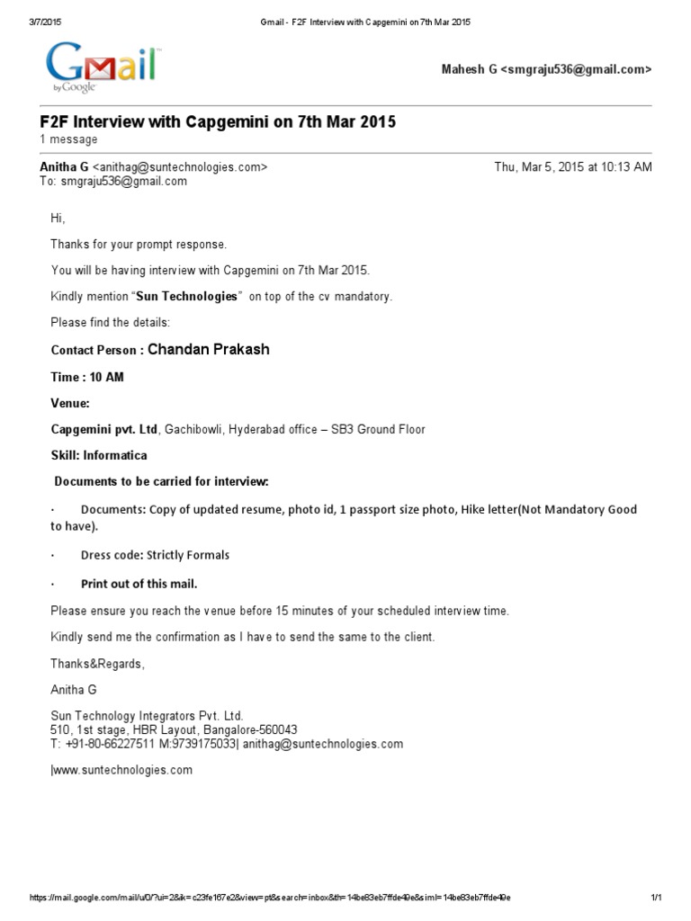 F2F Interview With Capgemini On 7th Mar 2015: Chandan Prakash | PDF