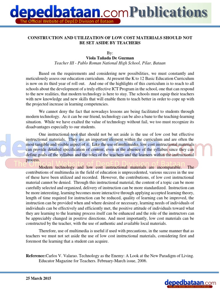 Construction and Utilization of Low Cost Materials PDF Curriculum Teachers