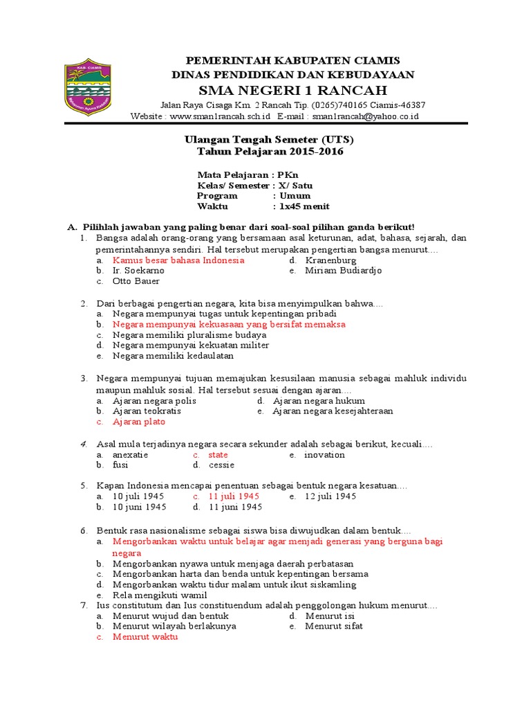 Uts Pkn Kelas X 1516