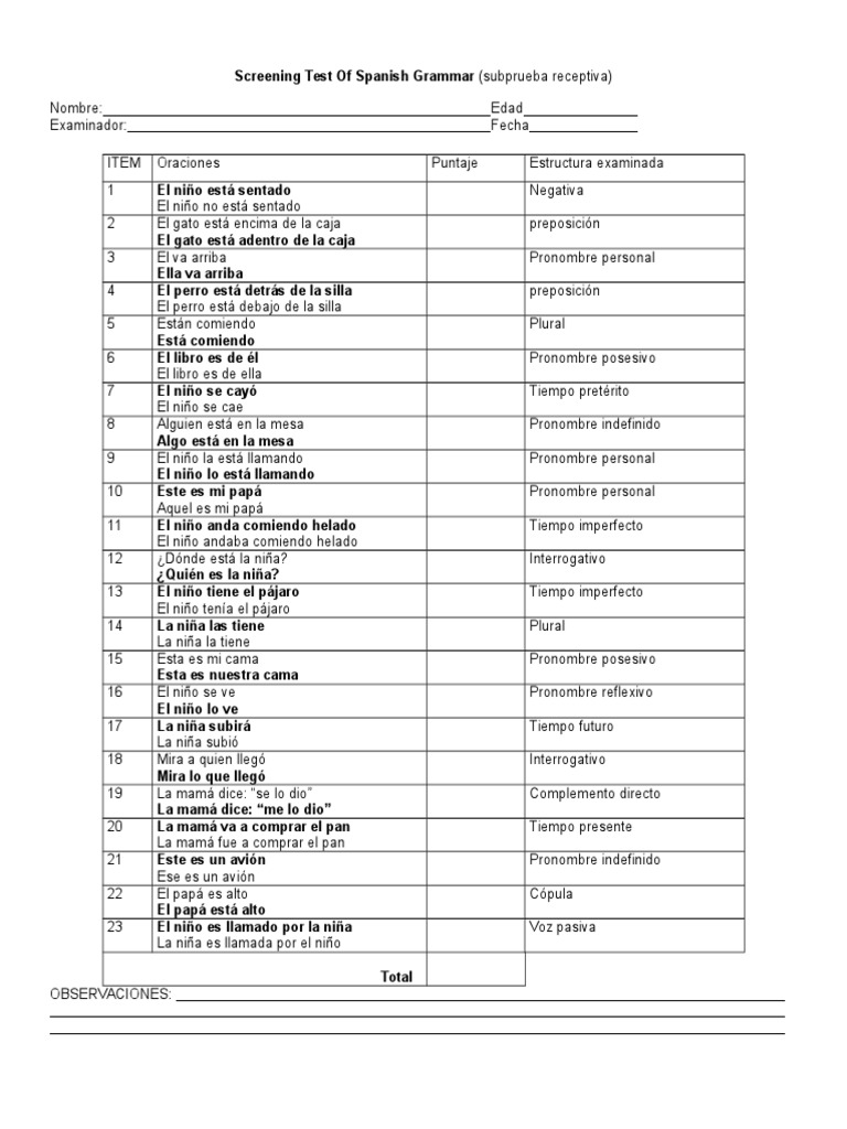 Screening Test of Spanish Grammar Pronombre Morfología Lingüística