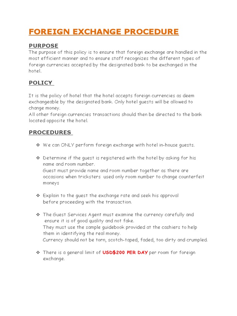 Hotel Foreign Exchange Procedures | PDF | Traveler's Cheque | Cheque