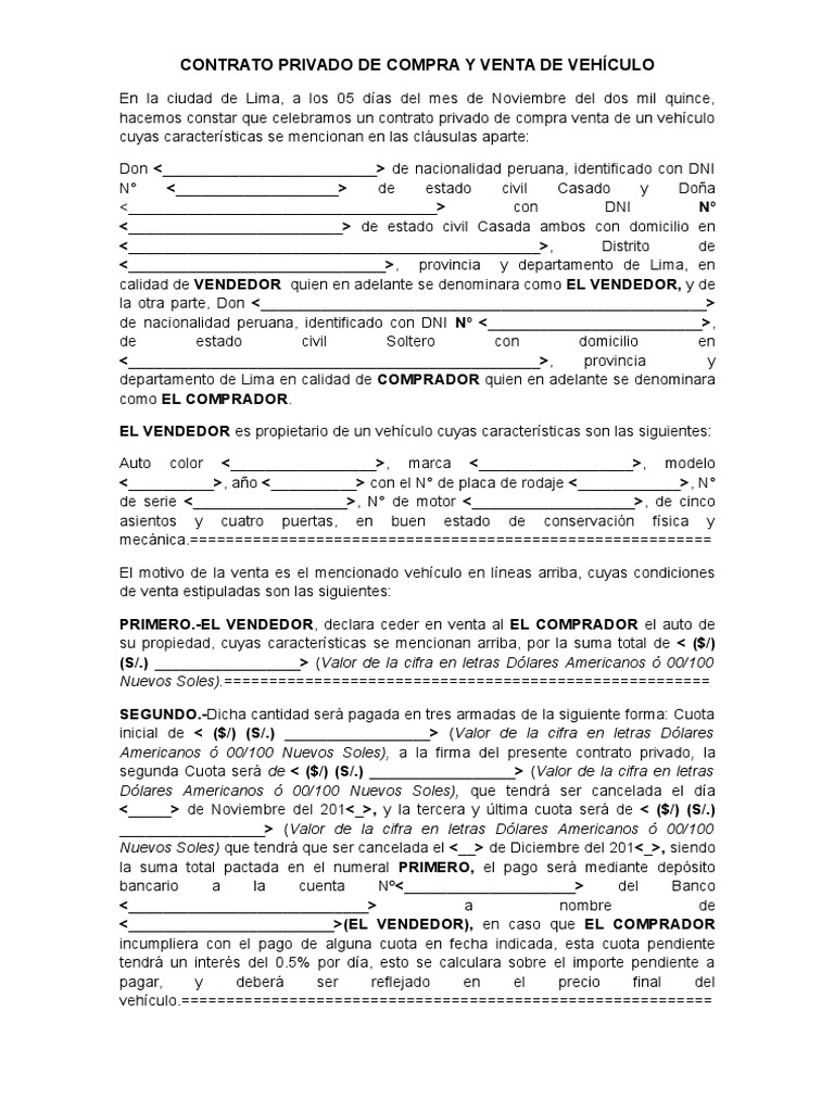 Modelo de Contrato Privado de Compra y Venta de Vehículo 