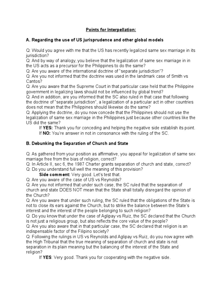 Points For Interpellation | PDF | Same Sex Marriage | Separation Of ...