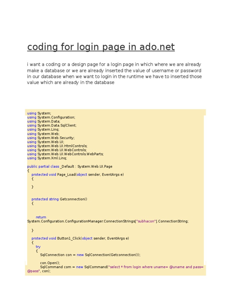 ADO.NET Login Page Code Example | PDF