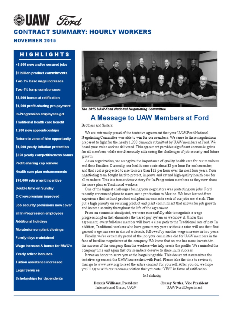 Ford UAW 2015 Contract Summary PDF Apprenticeship Pension