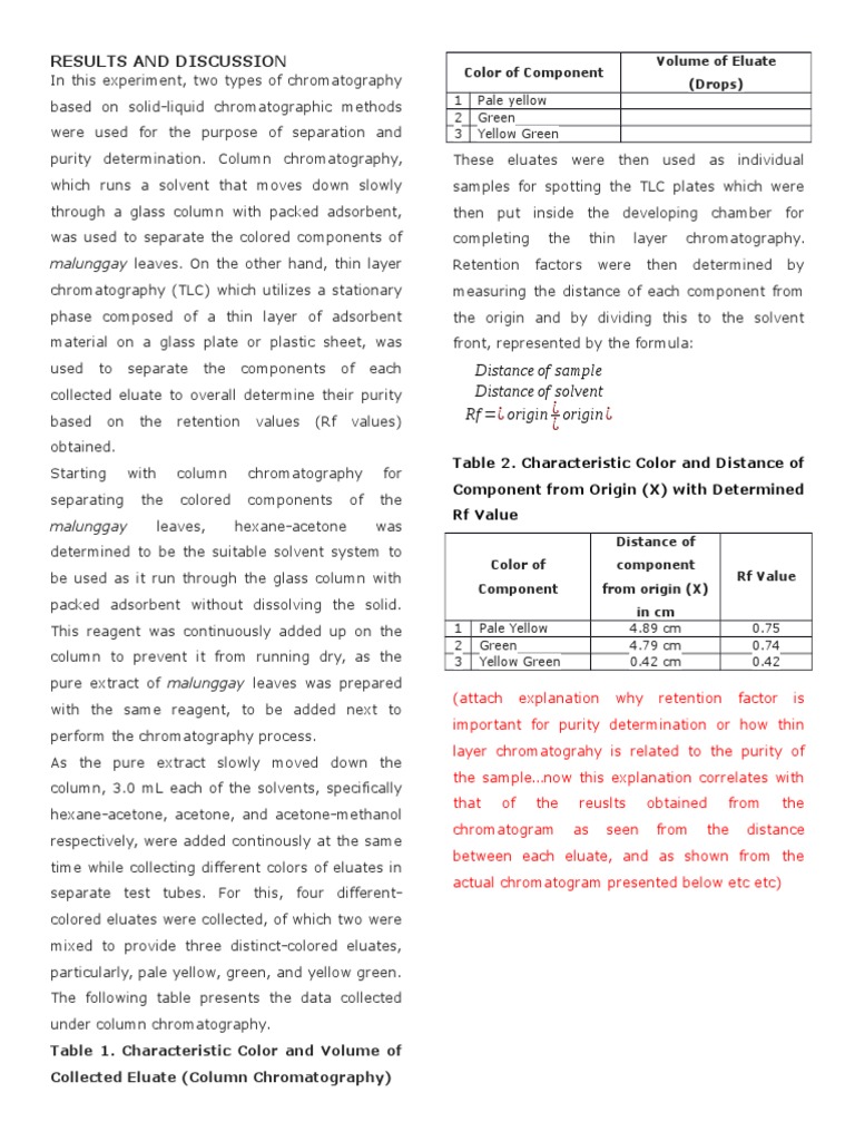 Thin Layer Chromatography and Column Chromatography Results and