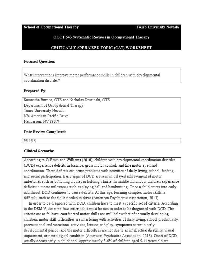 School Of Occupational Therapy Touro University Nevada OCCT 643 