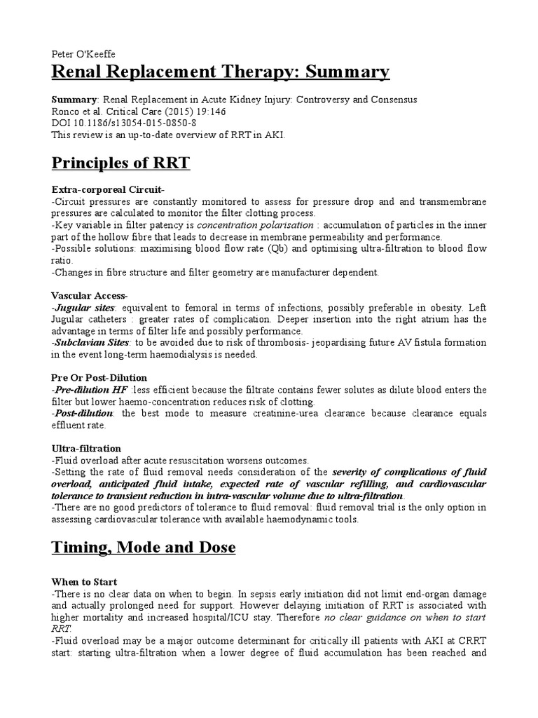 Renal Replacement Therapy: Summary: Principles of RRT | PDF