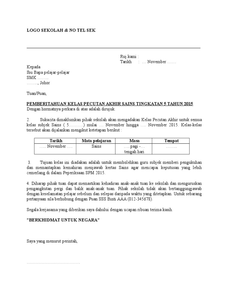 Draf Surat Makluman Ibu Bapa Kelas Tambahan Spm 2015 Pdf