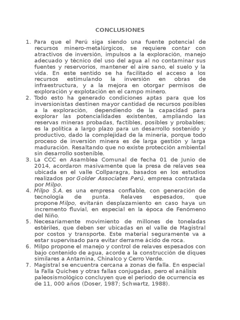 Conclusion Es | PDF | Minería | Perú