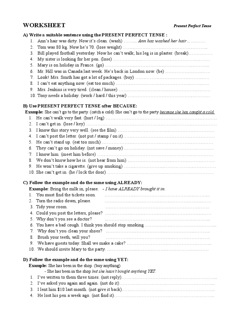 present perfect tense for kids worksheets