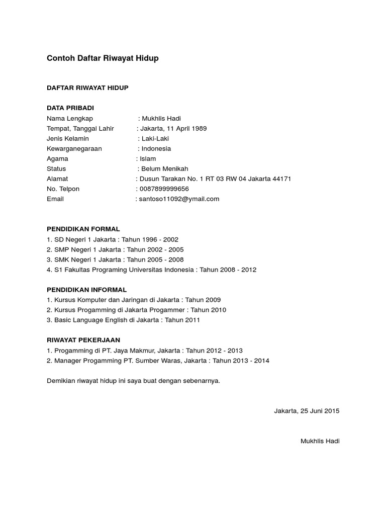 Contoh Daftar Riwayat Hidup