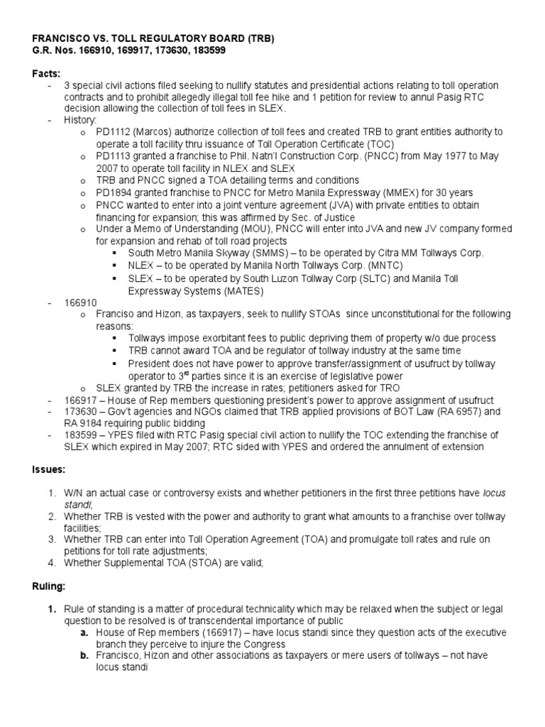 Francisco v. Toll Regulatory Board PDF Standing (Law) Government