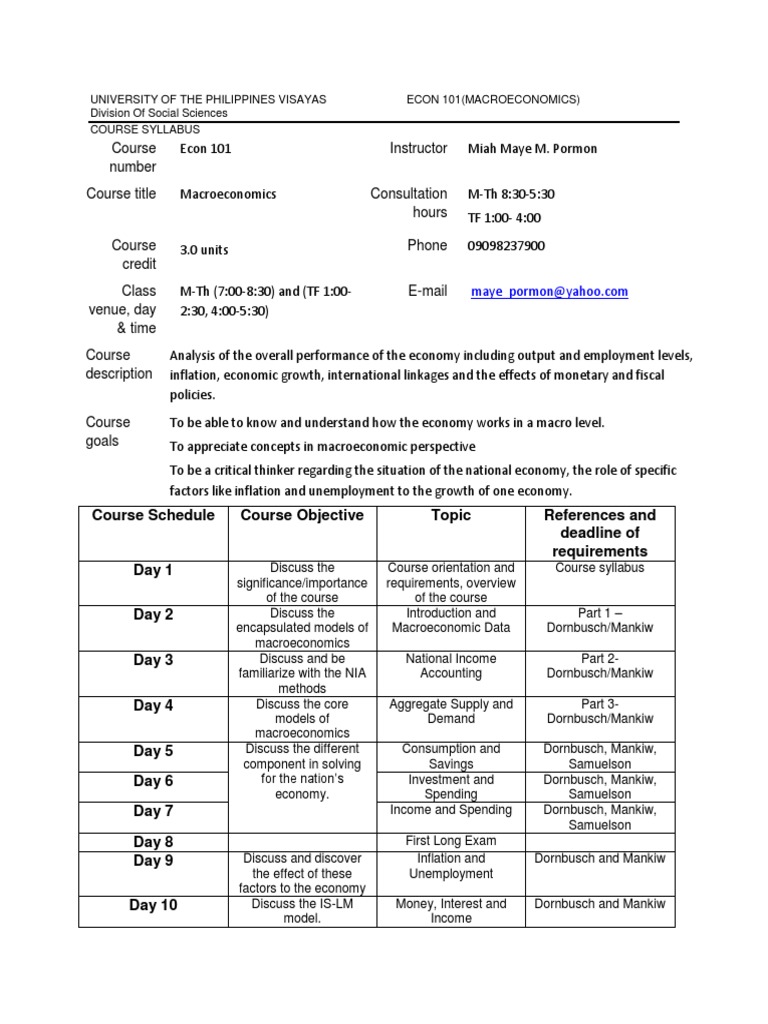 ECON 101 Course Syllabus Macroeconomics Economics Free 30day
