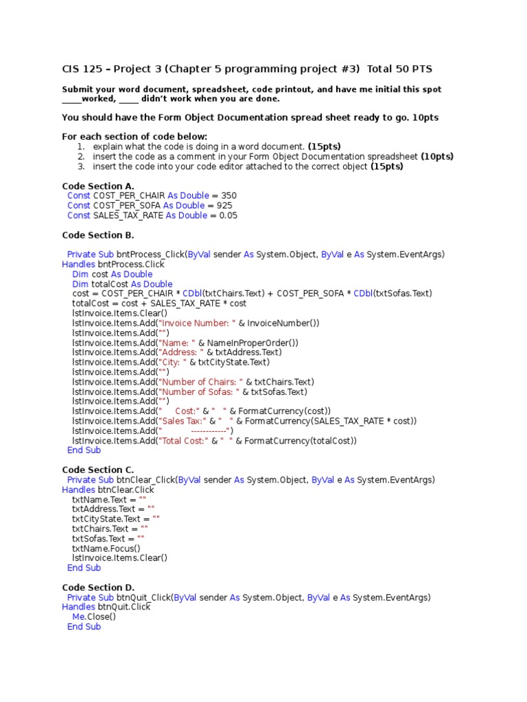 CIS 125 Project 3 Code Documentation | PDF