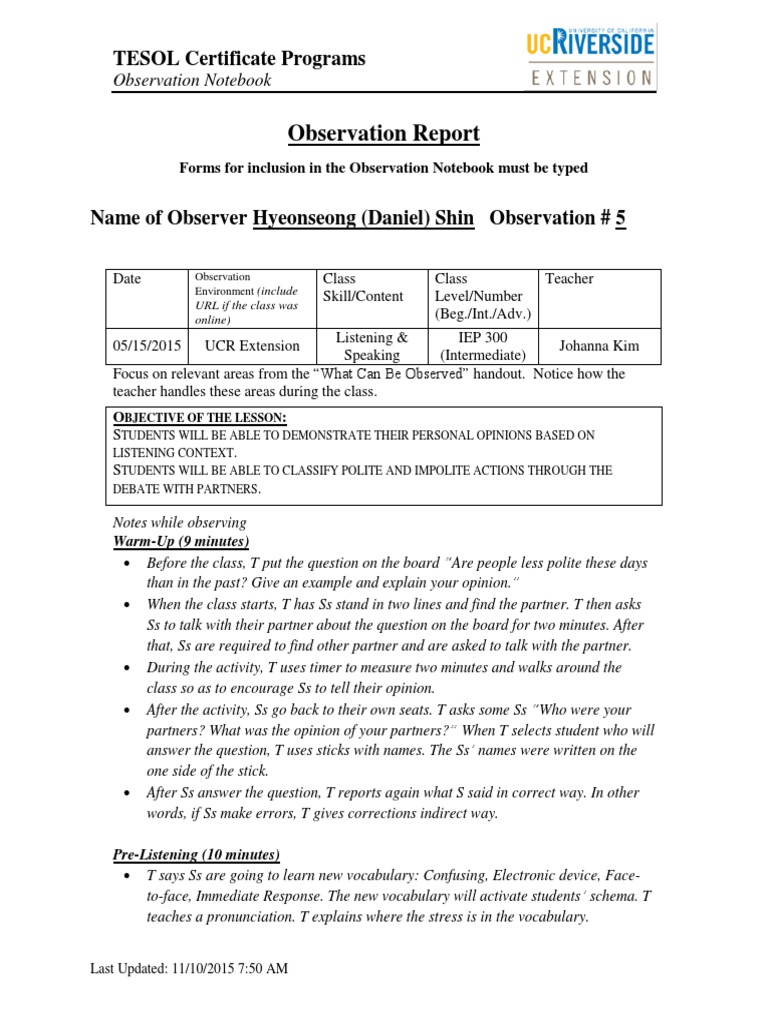 TESOL Observation Report: Class Insights | PDF | English As A Second Or ...