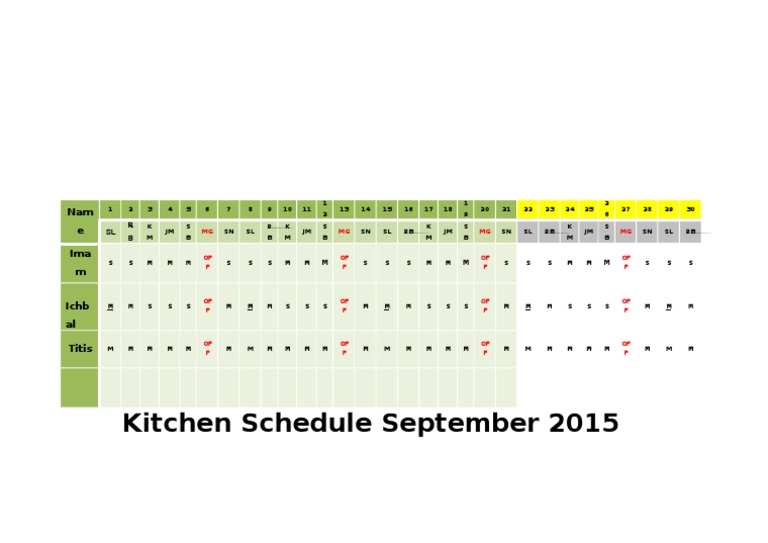 September 2015 Kitchen Schedule | PDF | Science & Mathematics