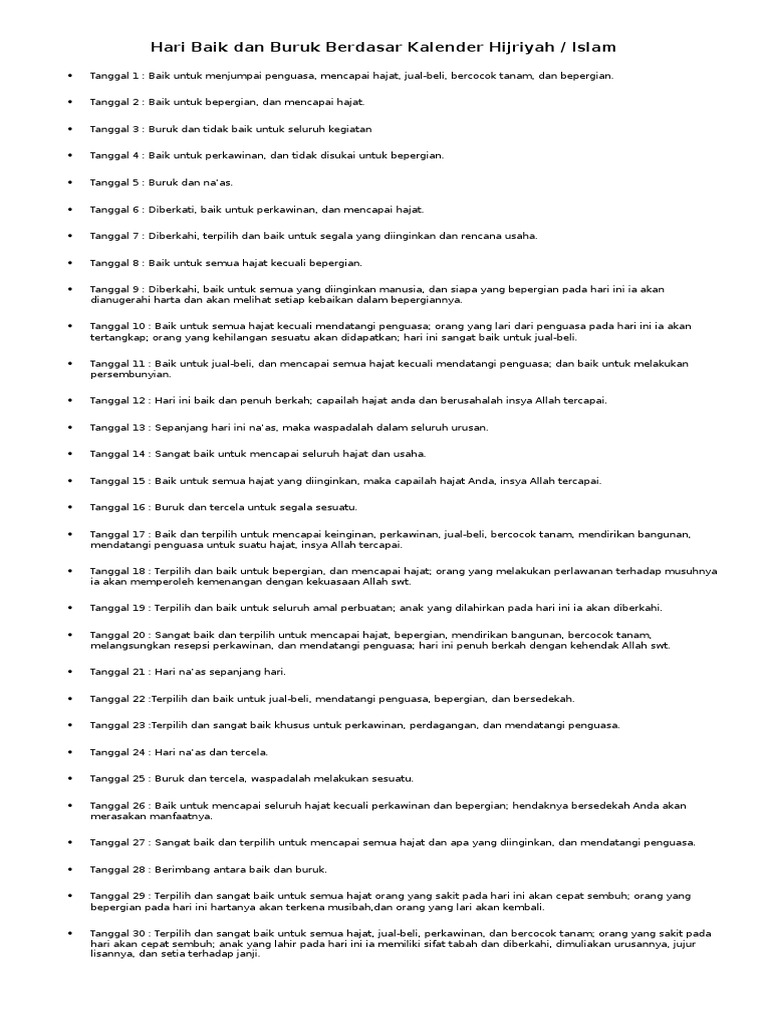 Hari Baik Dan Buruk Berdasar Kalender Hijriyah-Islam  PDF