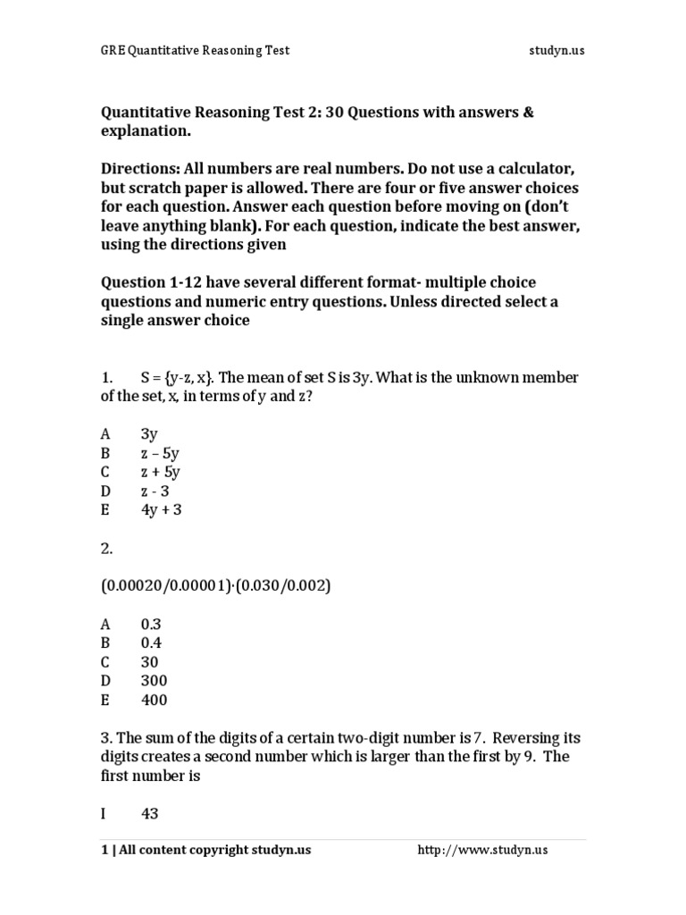GRE Quantitative Reasoning Practice Test 2 pdf Fraction Mathematics Graduate Record
